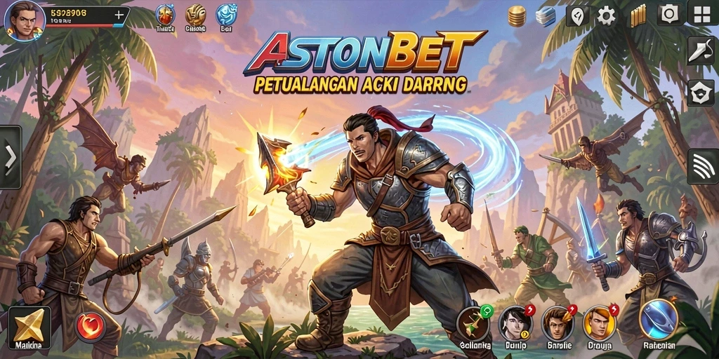 Tampilan aksi menegangkan dalam gameplay ASTONBET dengan karakter yang kuat.
