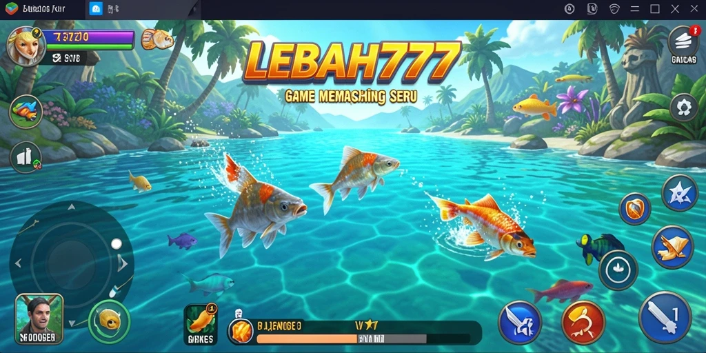 Screenshot gameplay LEBAH777 menampilkan aksi seru memancing di lokasi indah.