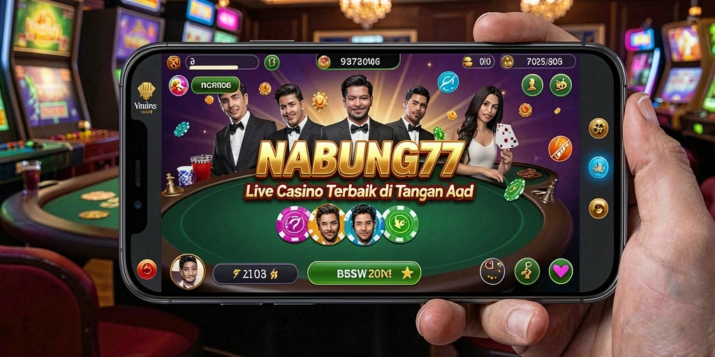 Screenshot NABUNG77 menampilkan dealer langsung dan permainan Live Casino yang seru.