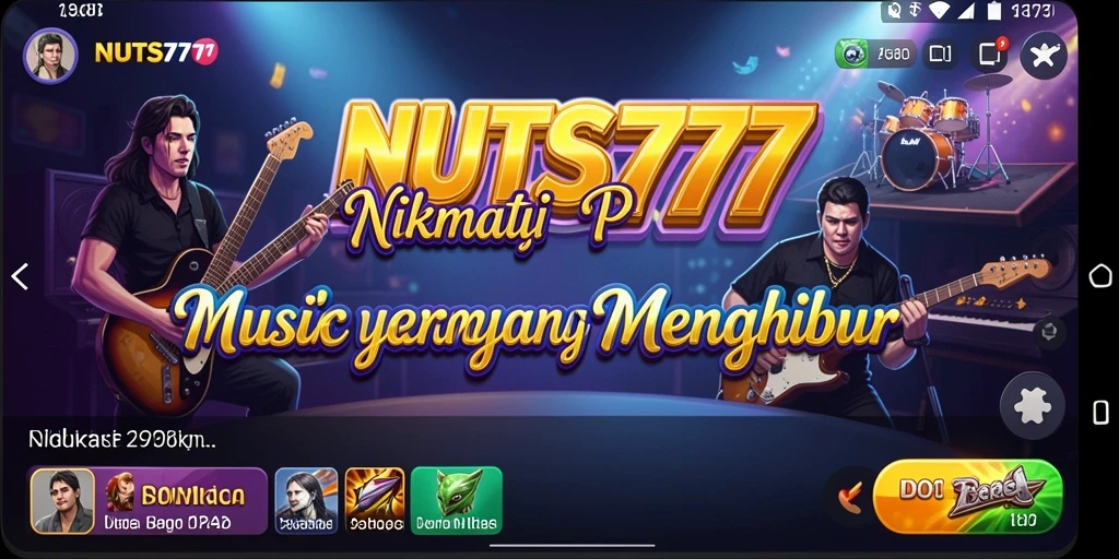 Tangkapan layar NUTS777 menunjukkan gameplay musik yang seru dan penuh warna.