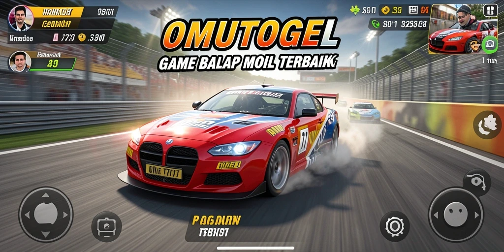 Screenshot gameplay dari OMUTOGEL menampilkan balapan seru di lintasan.