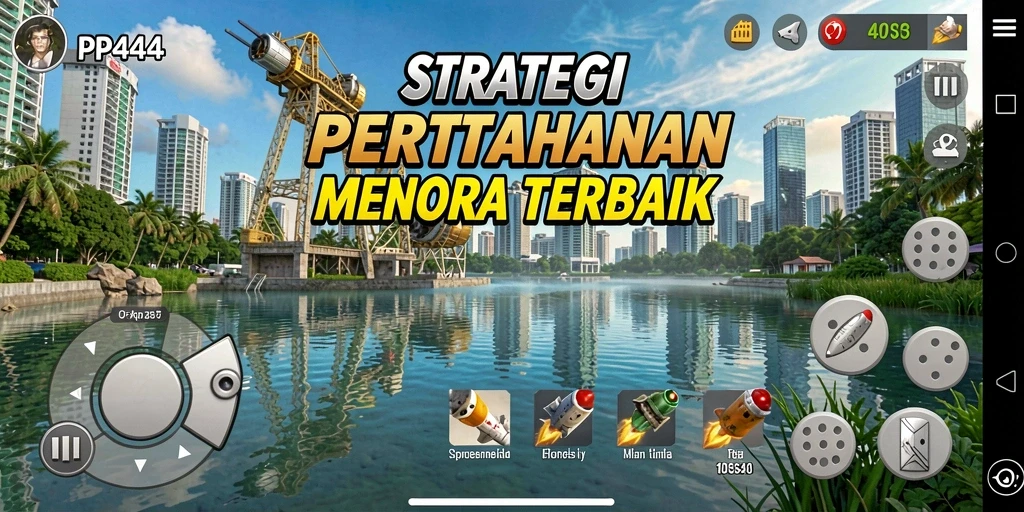 Screenshot gameplay PP444 menunjukkan serangan musuh yang intens dan strategi menara yang dinamis.