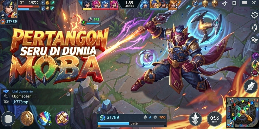 Tangkapan layar gameplay ST789 menunjukkan aksi seru dalam pertarungan MOBA.