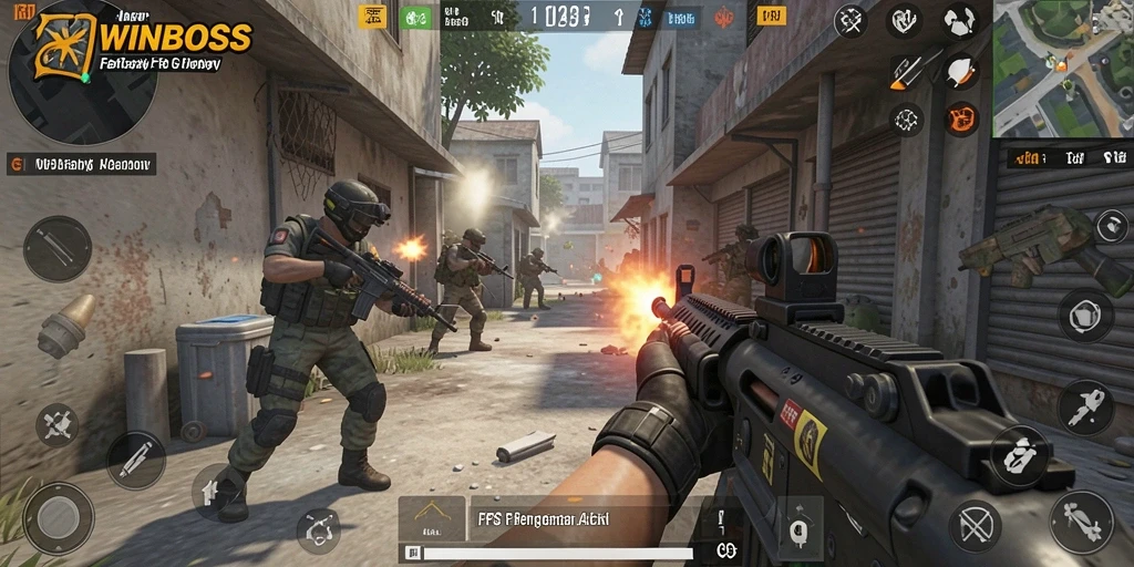 Tampilan gameplay <strong>WINBOSS</strong> yang intens dalam pertempuran FPS.